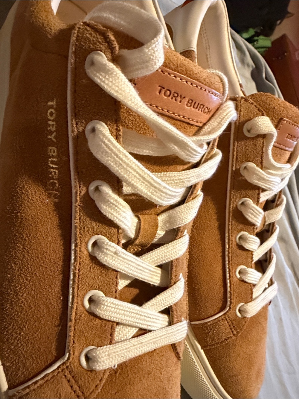Tory Burch Camel Suede Low-Top Sneakers with Cream Accents - Picture 15 of 16